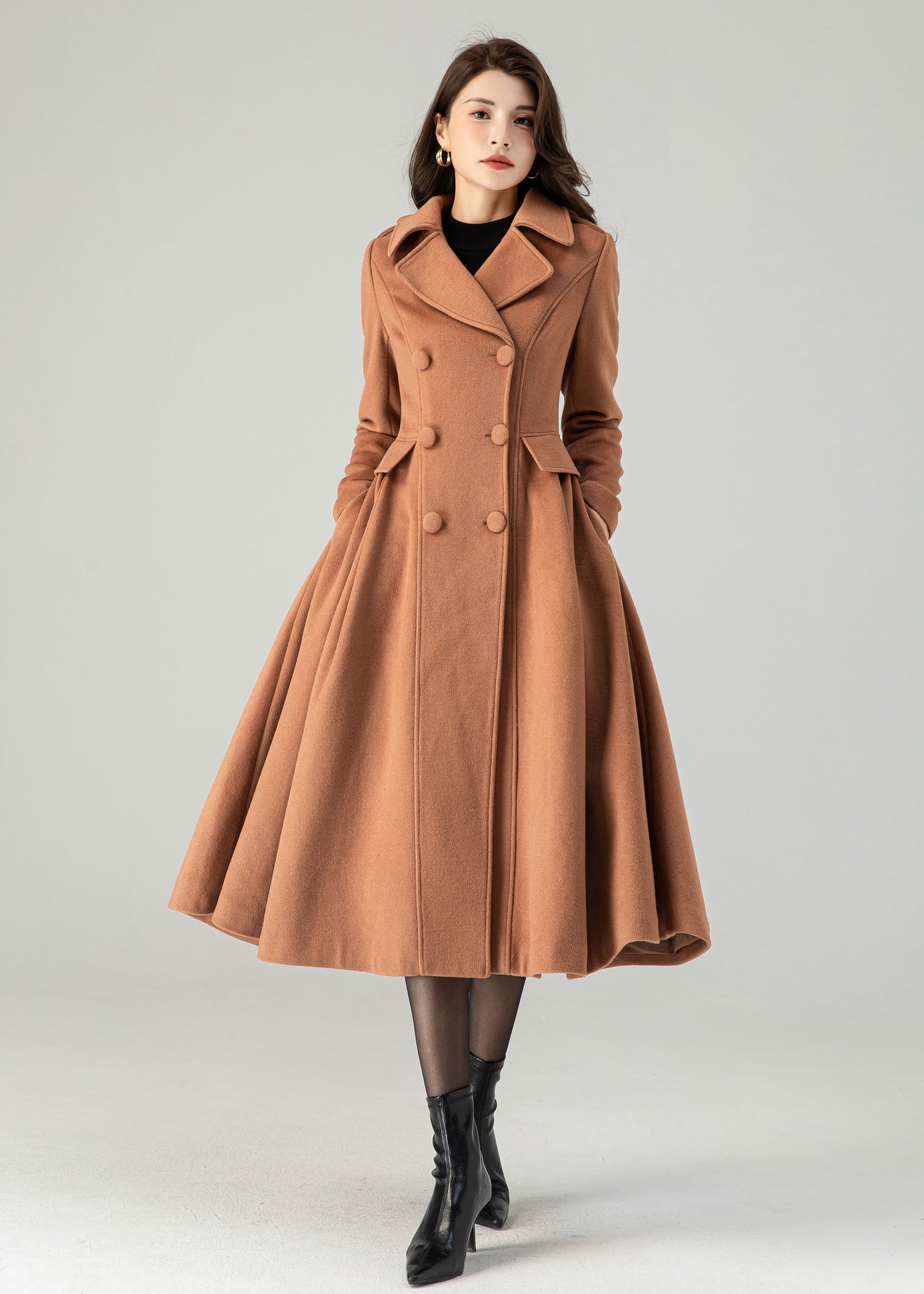 Brown double breasted winter wool coat for women C3619