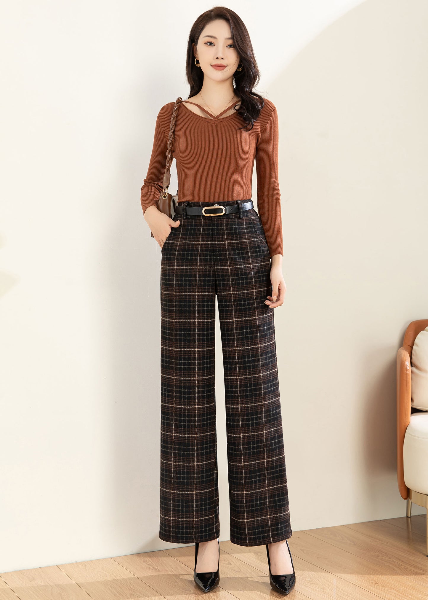 Wool Pants Women, Wide leg pants, Plaid Pants C3594