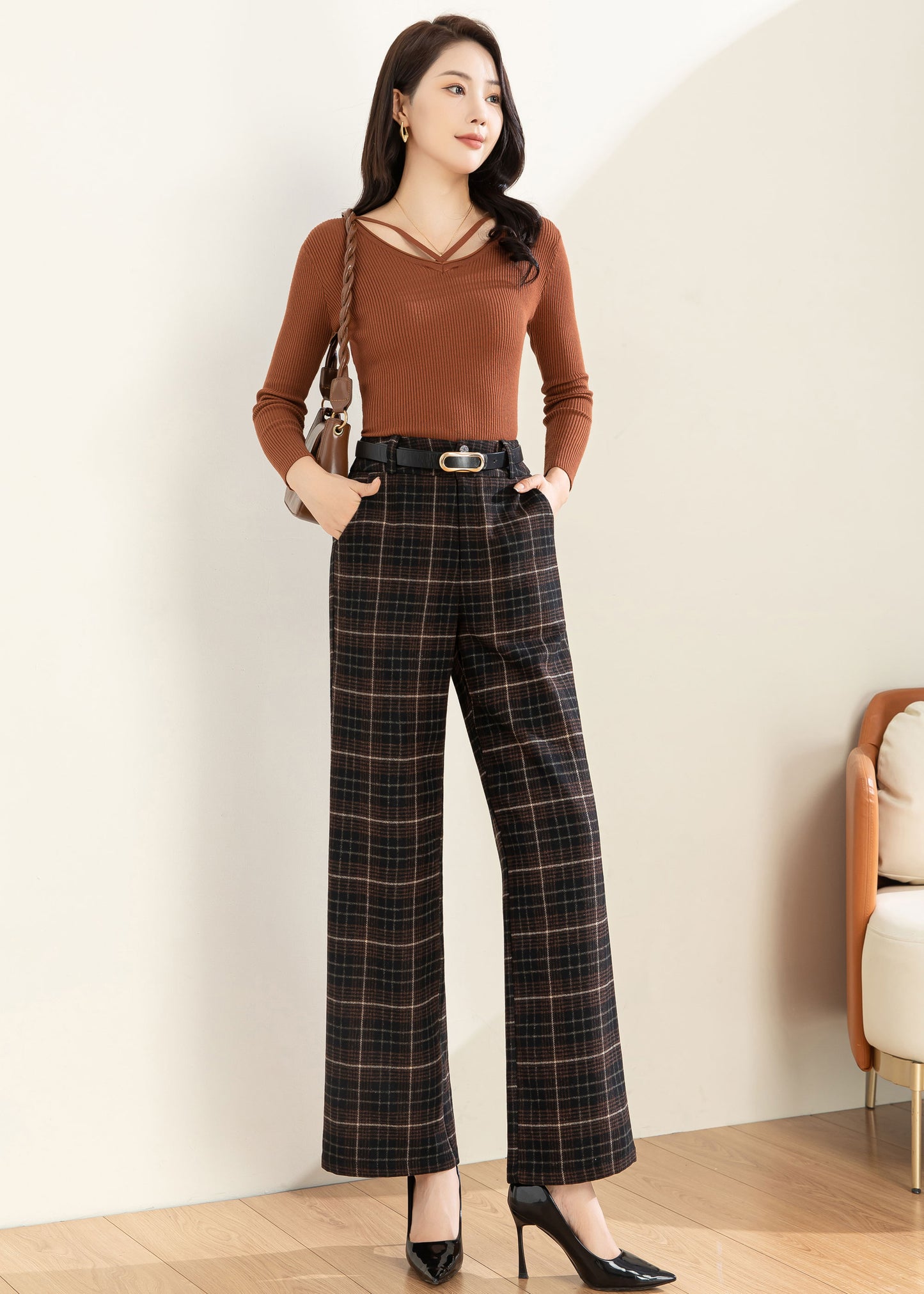 Wool Pants Women, Wide leg pants, Plaid Pants C3594