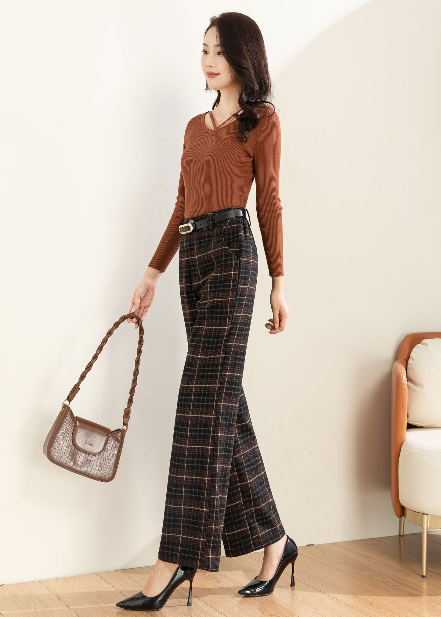 Wool Pants Women, Wide leg pants, Plaid Pants C3594