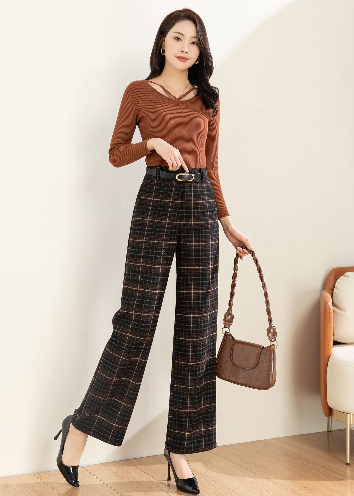 Wool Pants Women, Wide leg pants, Plaid Pants C3594
