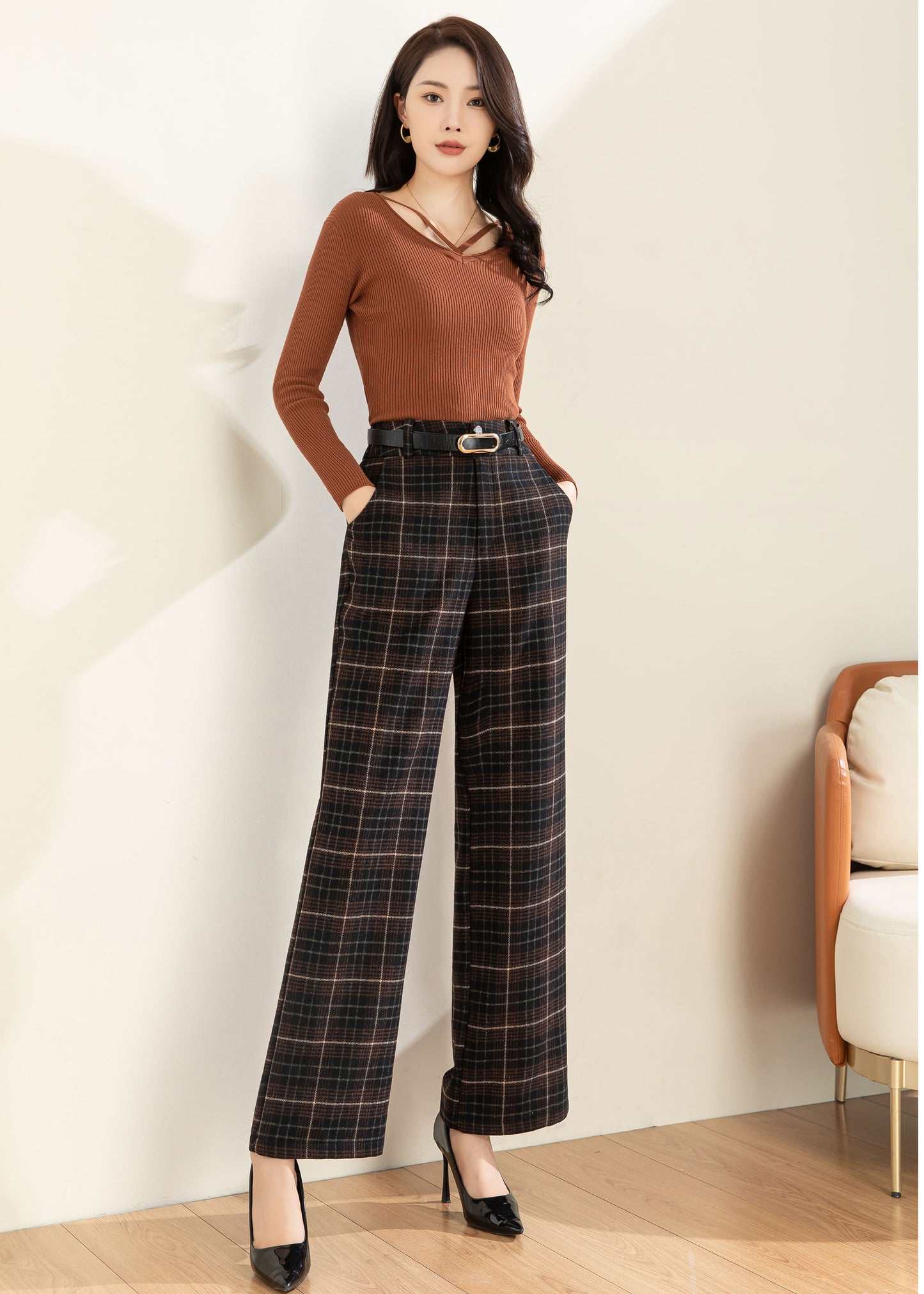 Wool Pants Women, Wide leg pants, Plaid Pants C3594