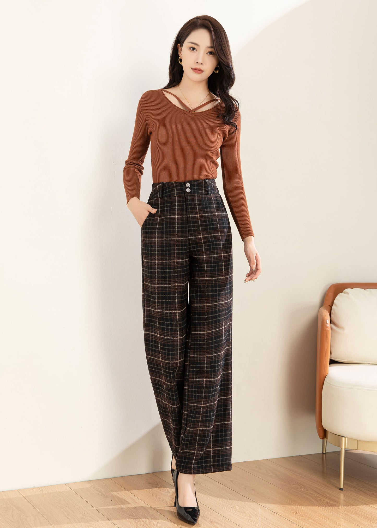 Wool Pants Women, Wide leg pants, Plaid Pants C3594