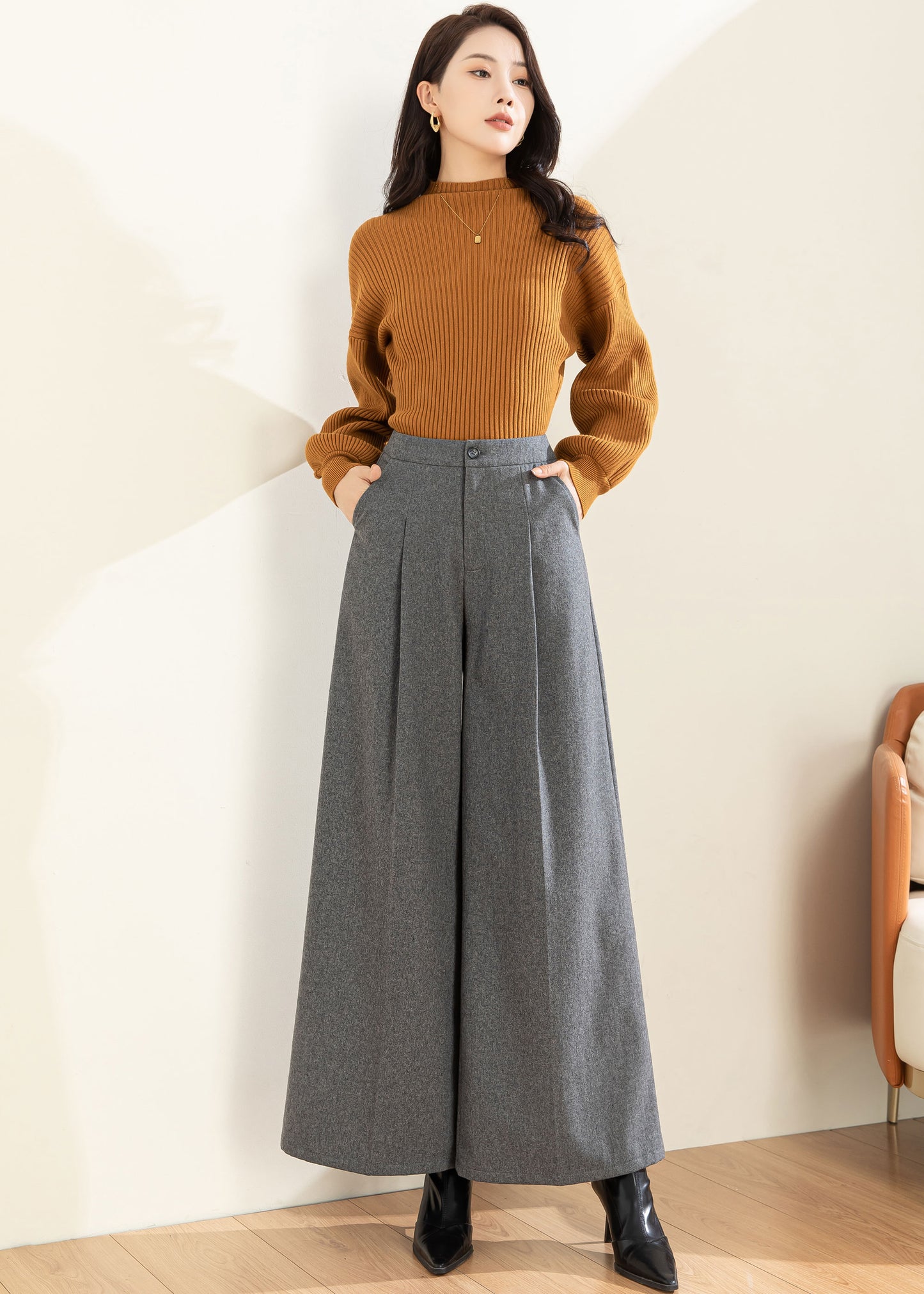 Wide Leg Wool Pants Women C4309