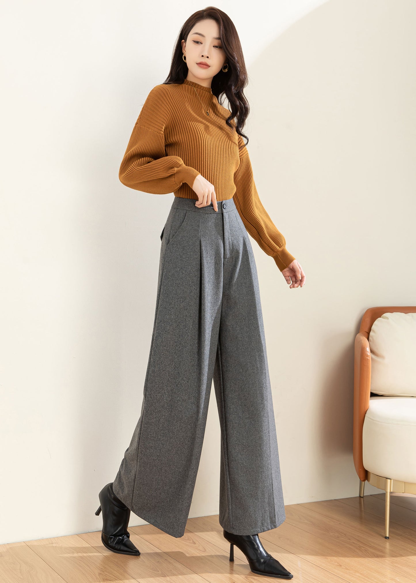 Wide Leg Wool Pants Women C4309