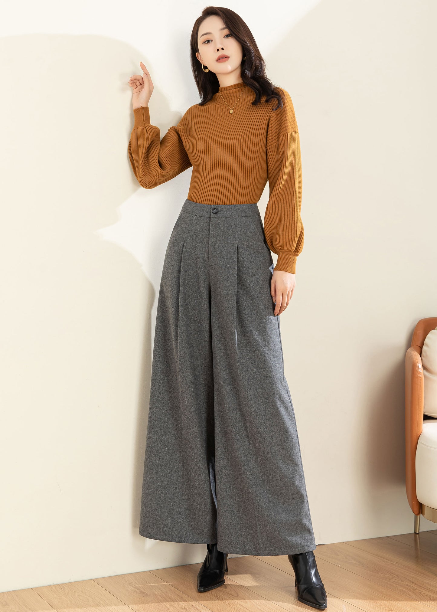 Wide Leg Wool Pants Women C4309