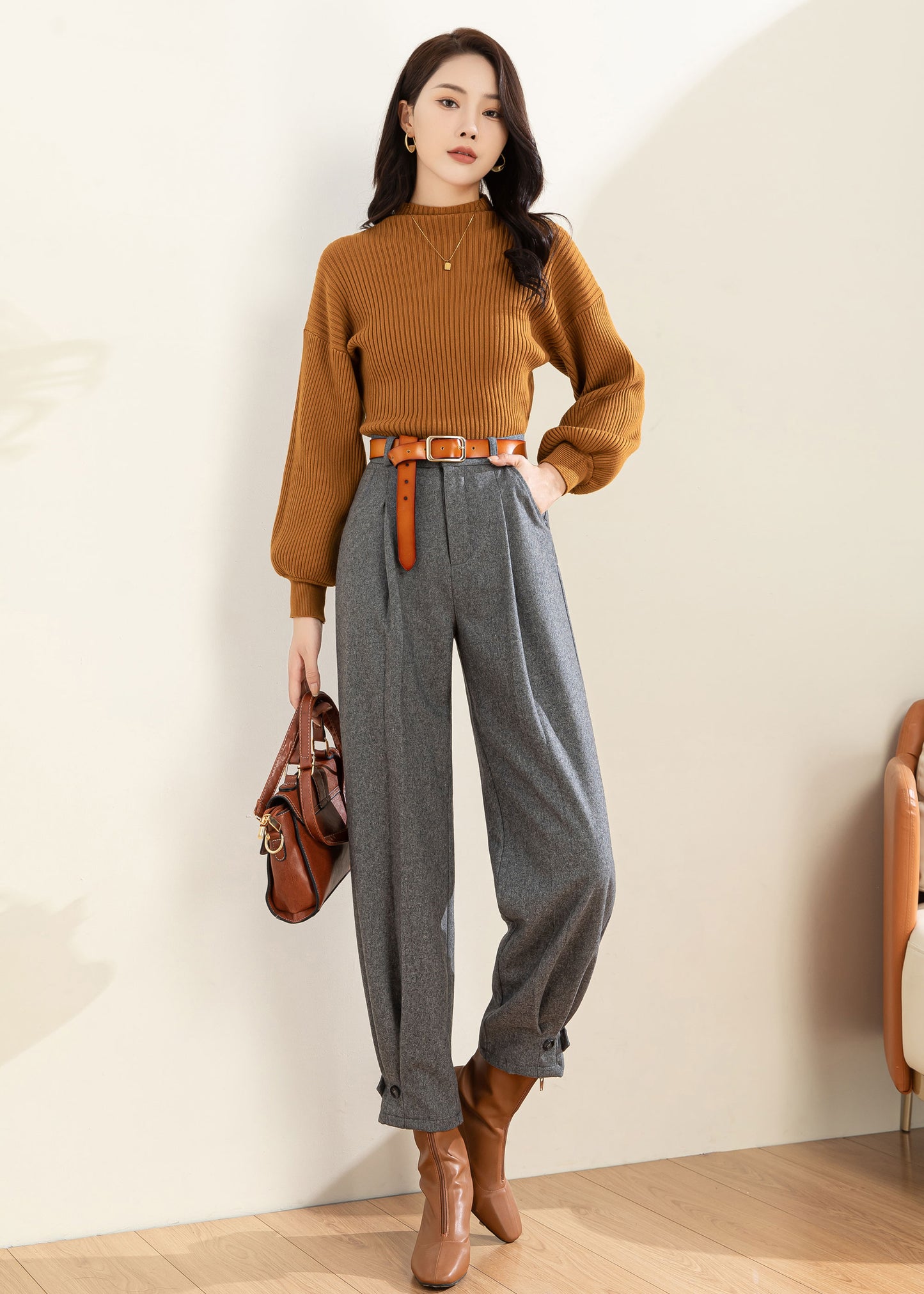 Gray Wool Pants Women, Wool Tapered Pants C3596