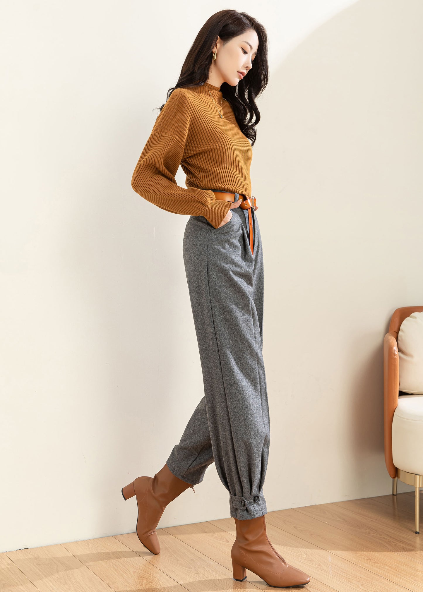 Gray Wool Pants Women, Wool Tapered Pants C3596