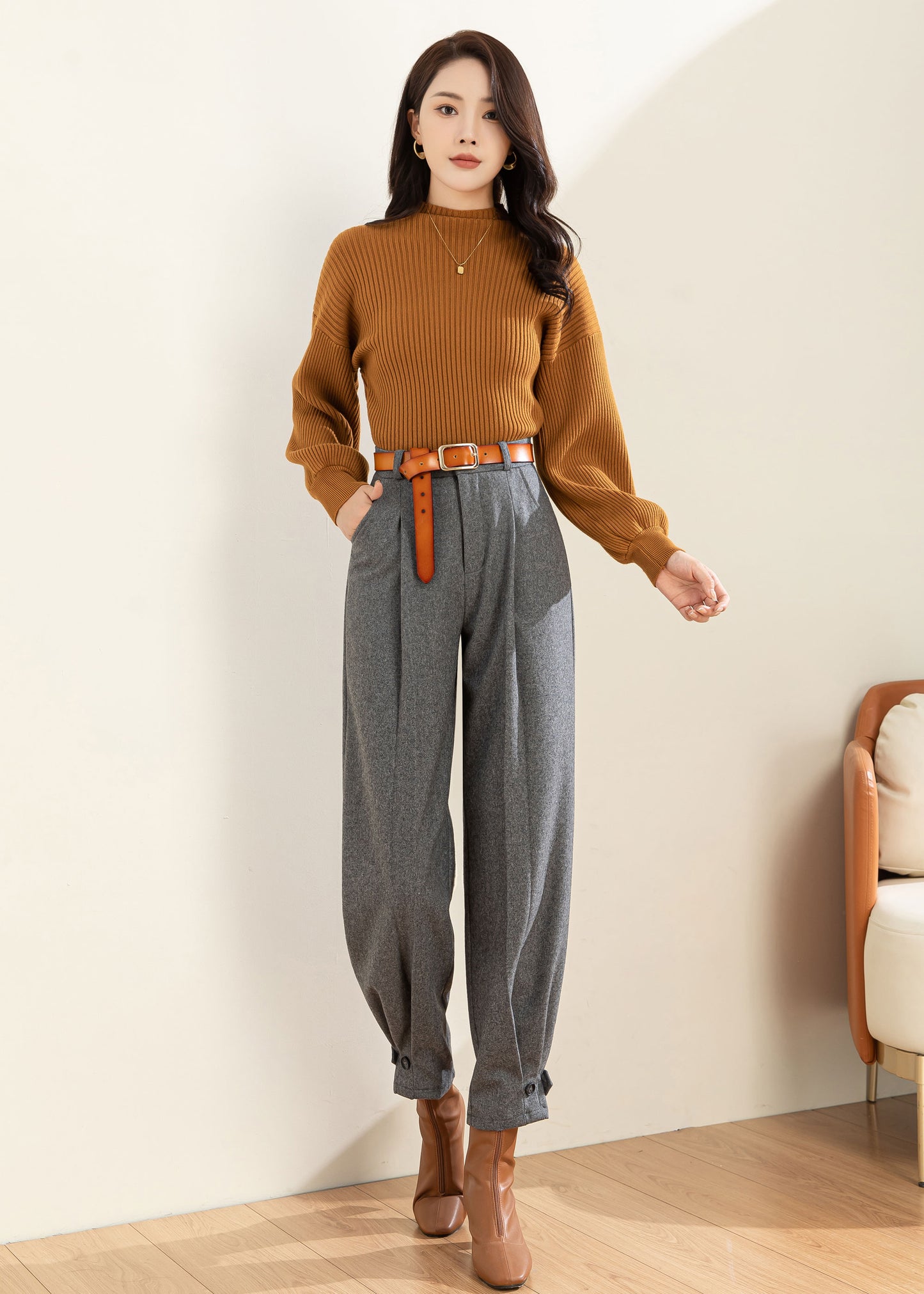 Gray Wool Pants Women, Wool Tapered Pants C3596