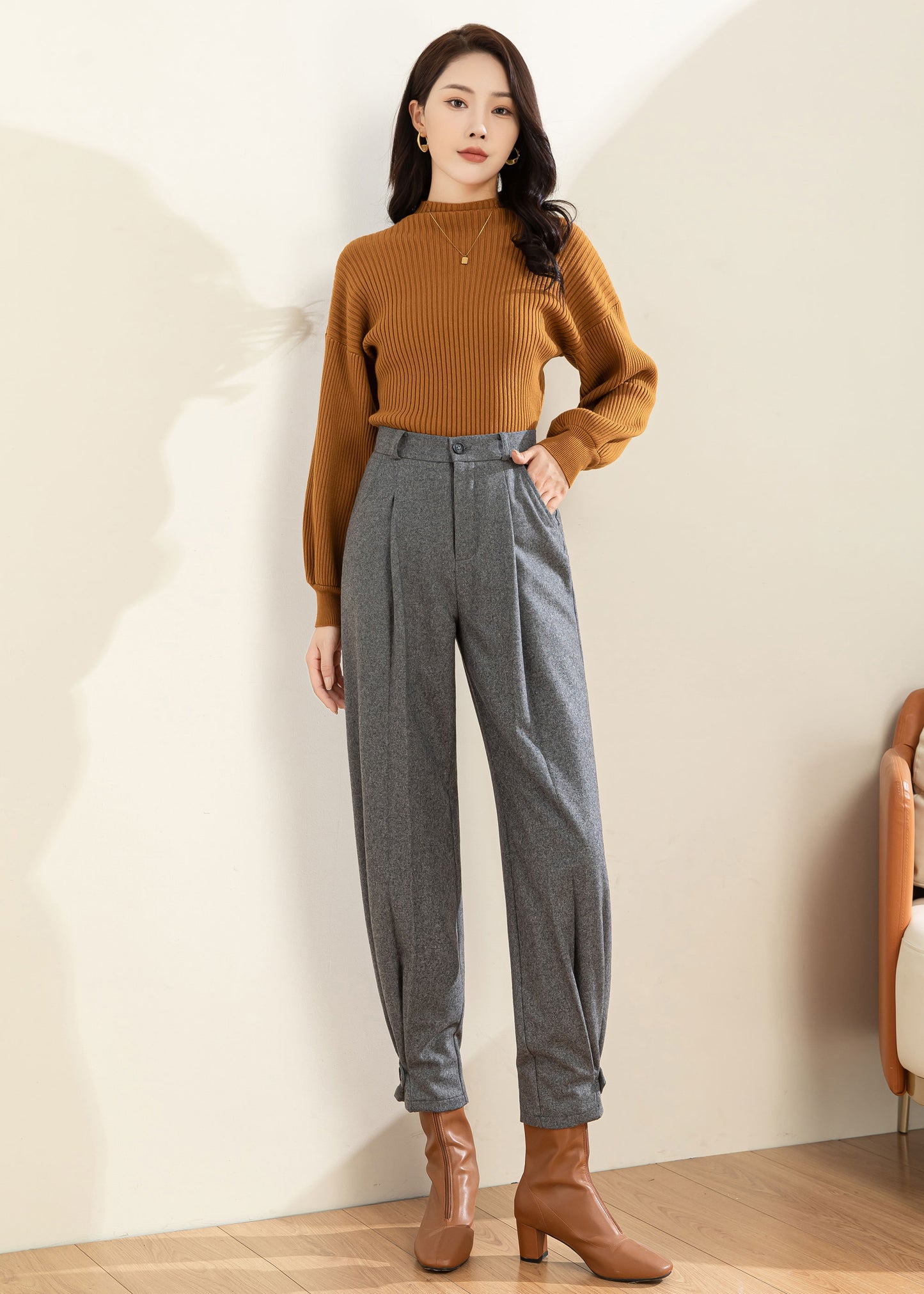 Gray Wool Pants Women, Wool Tapered Pants C3596