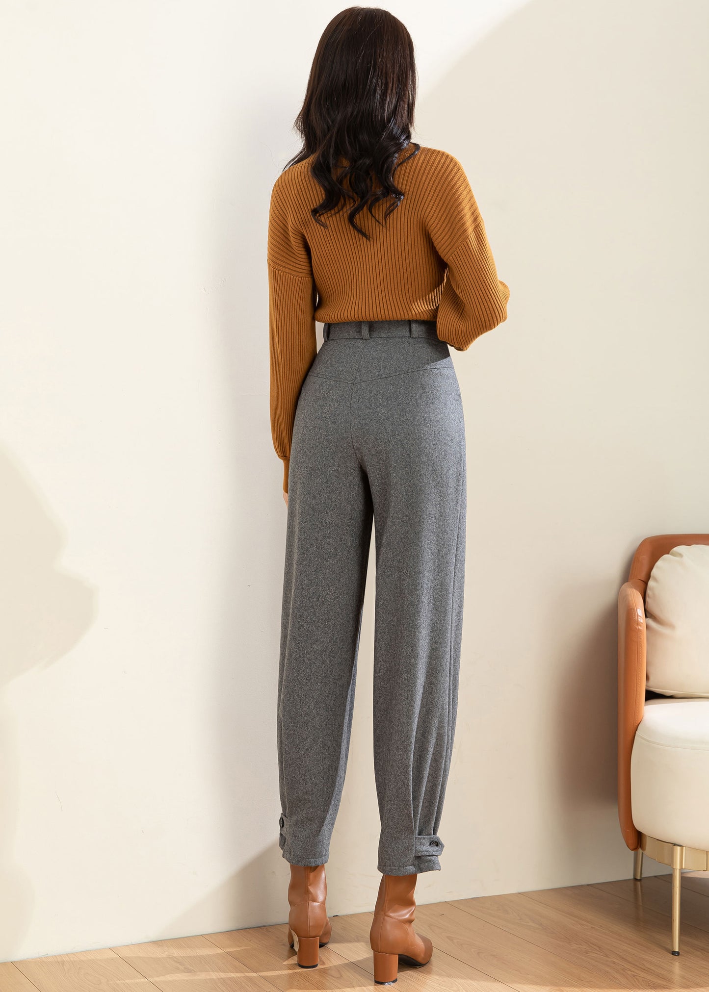 Gray Wool Pants Women, Wool Tapered Pants C3596