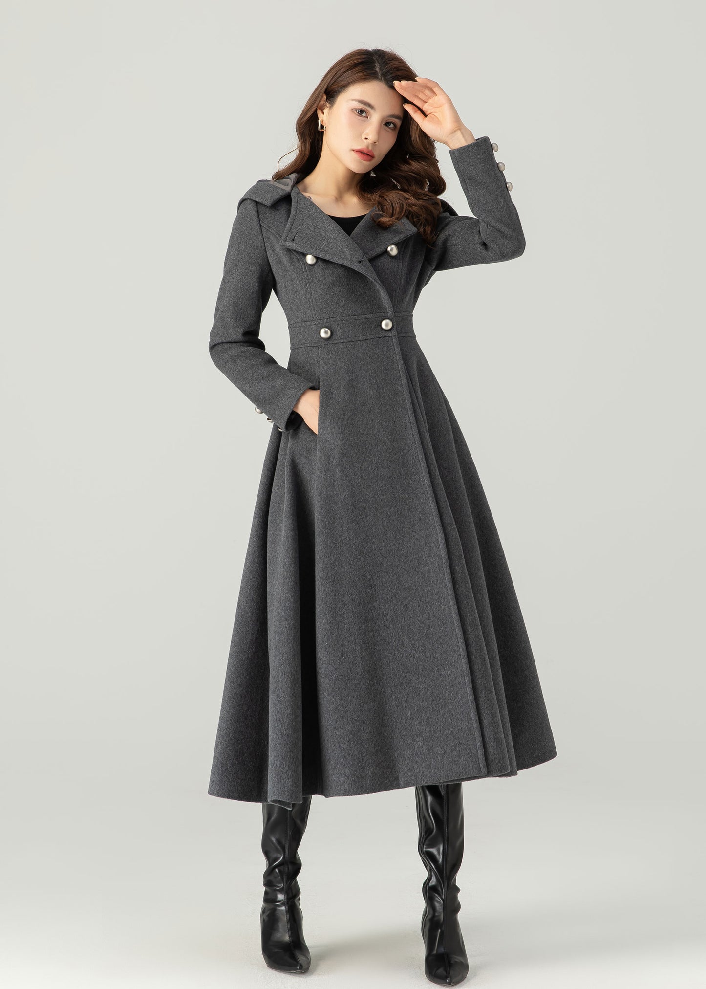 Long Wool Coat, Hooded Wool Coat, Winter Wool Coat C3704