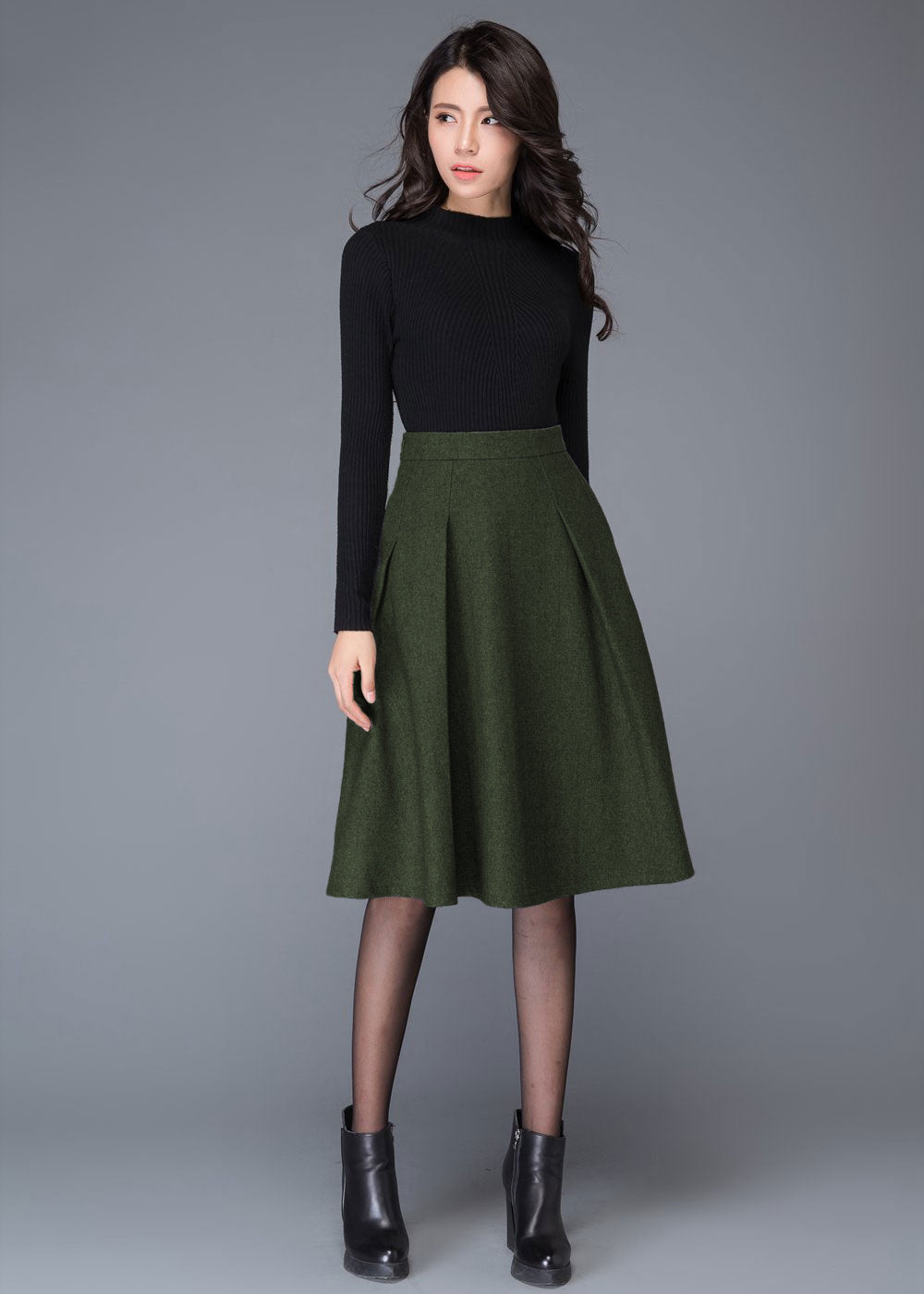 Vintage Women Army Green Wool Skirt C4529