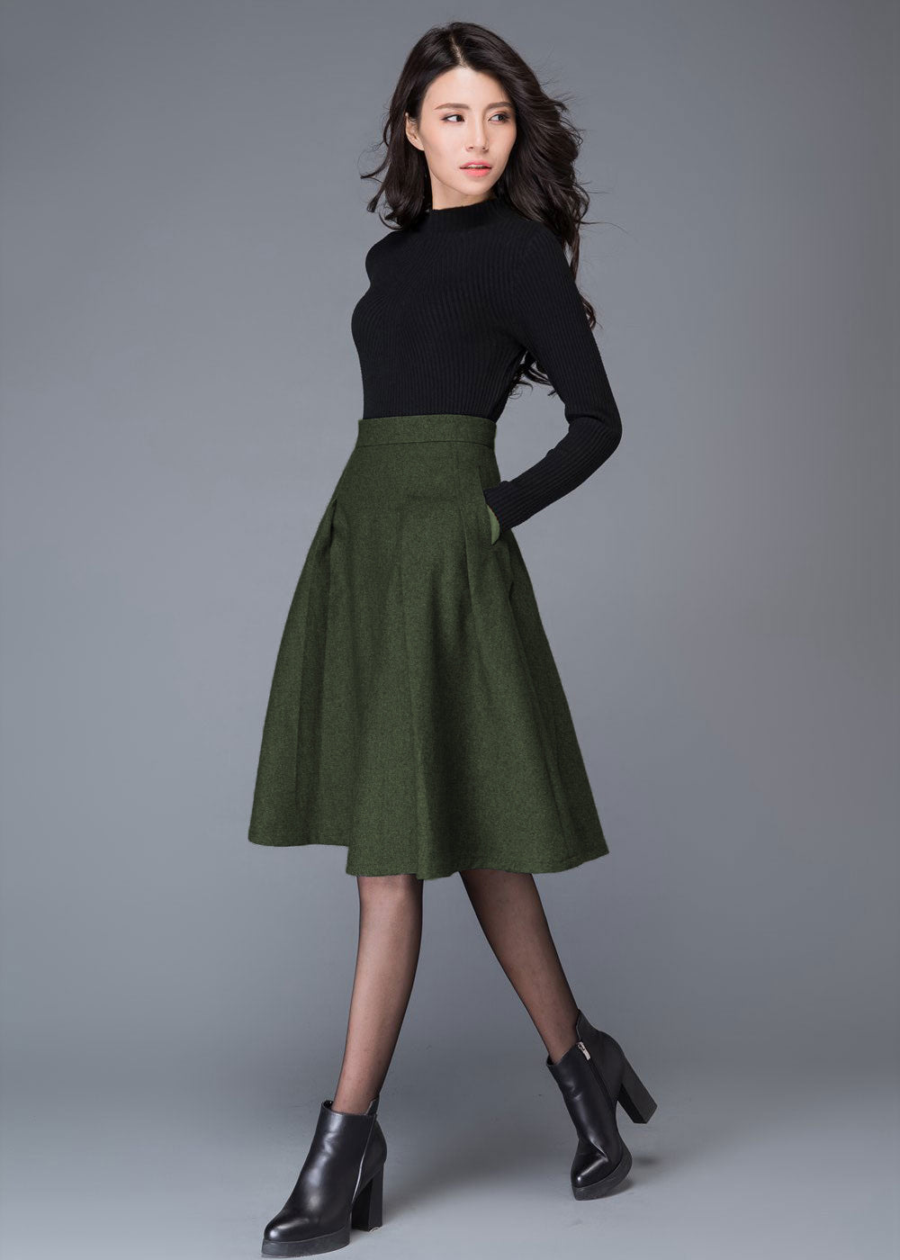 Vintage Women Army Green Wool Skirt C4529