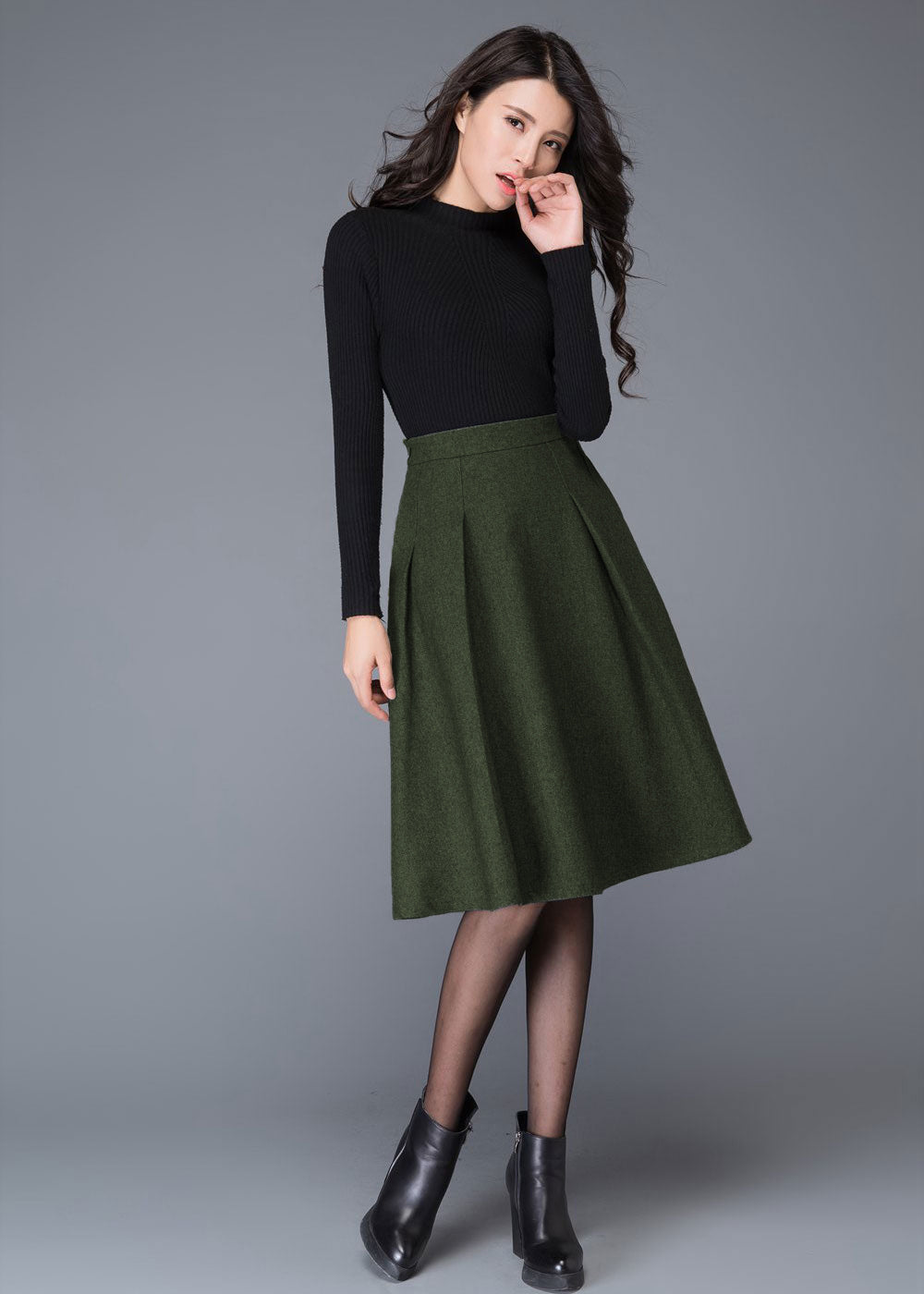 Vintage Women Army Green Wool Skirt C4529