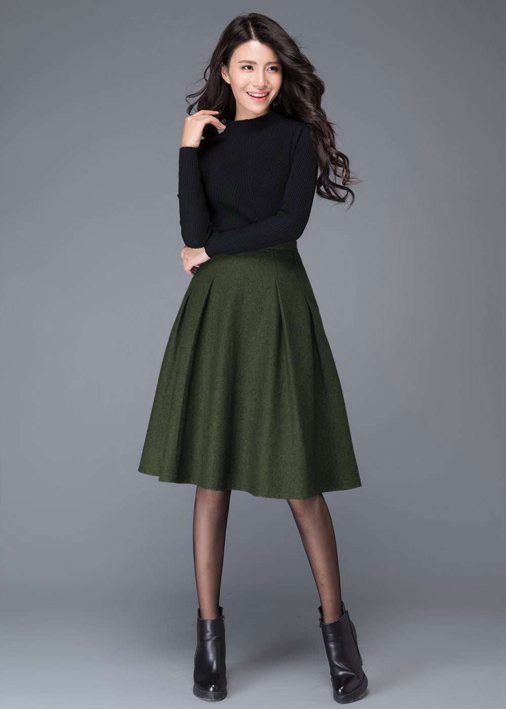 Vintage Women Army Green Wool Skirt C4529