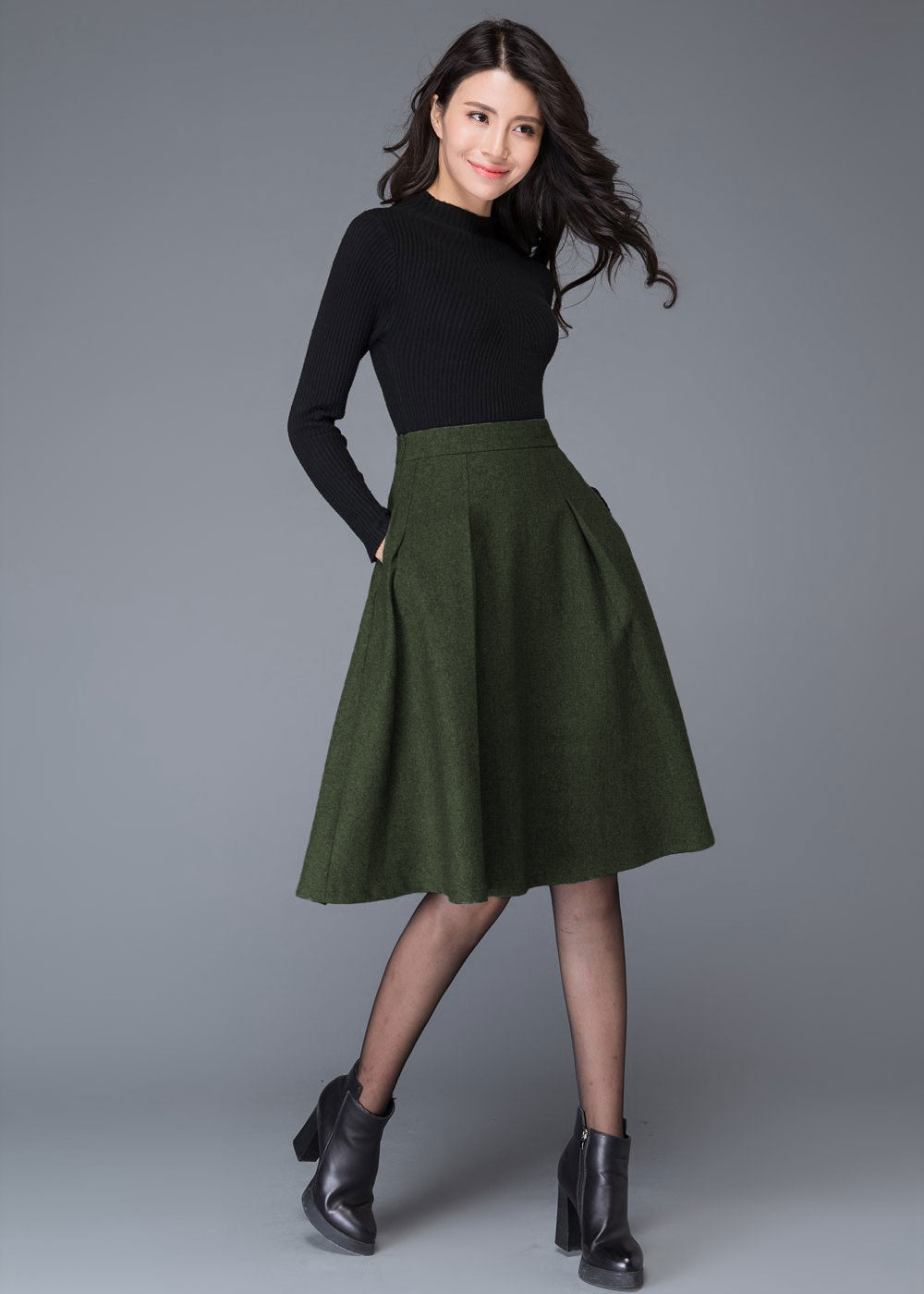 Vintage Women Army Green Wool Skirt C4529
