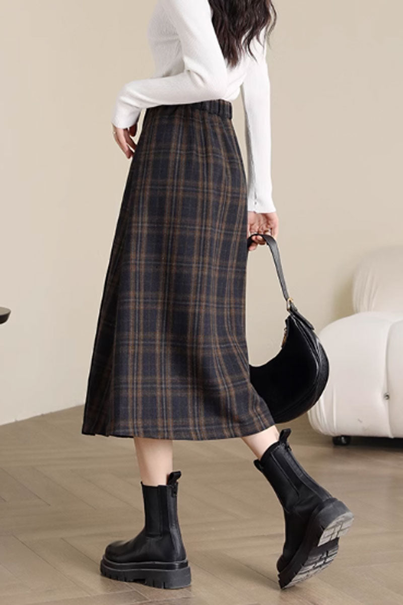 irregular midi a line plaid winter wool skirt C3716