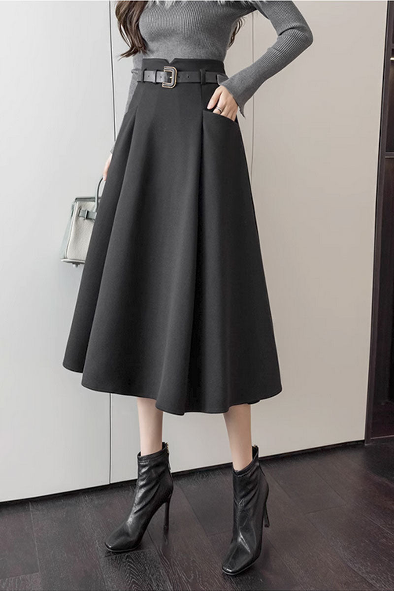 High waisted a line winter wool skirt with pockets C3432