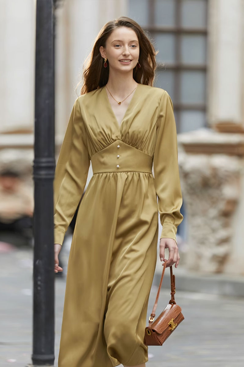 High waist v neck womens dresses with long sleeves C3488