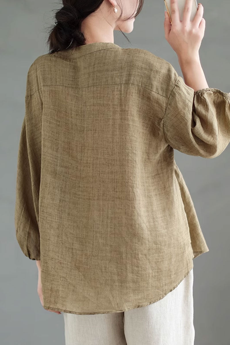 v neck loose fitting linen top women C3847