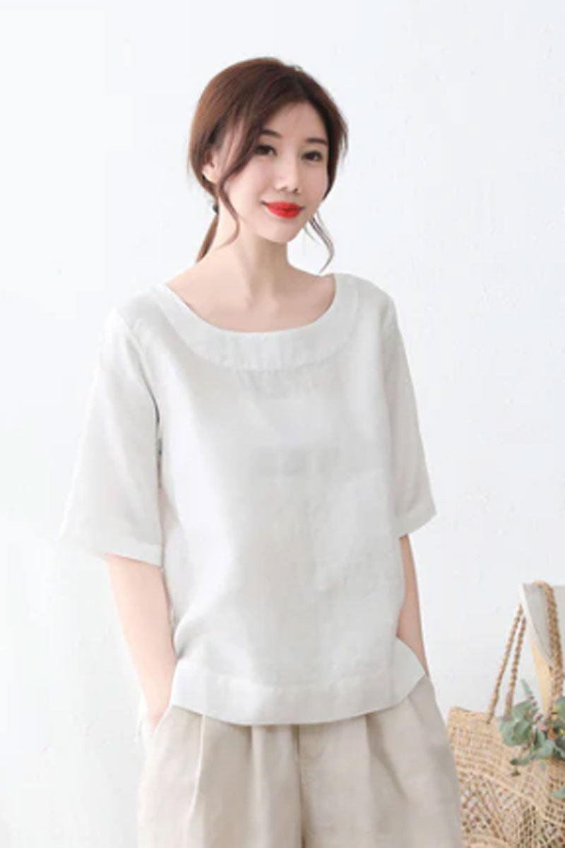 White linen blouse, Short sleeve linen blouse  C2338