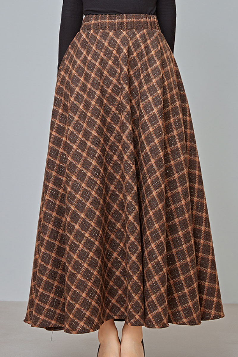 Plaid a line long wool skirt with elastic waist C3720