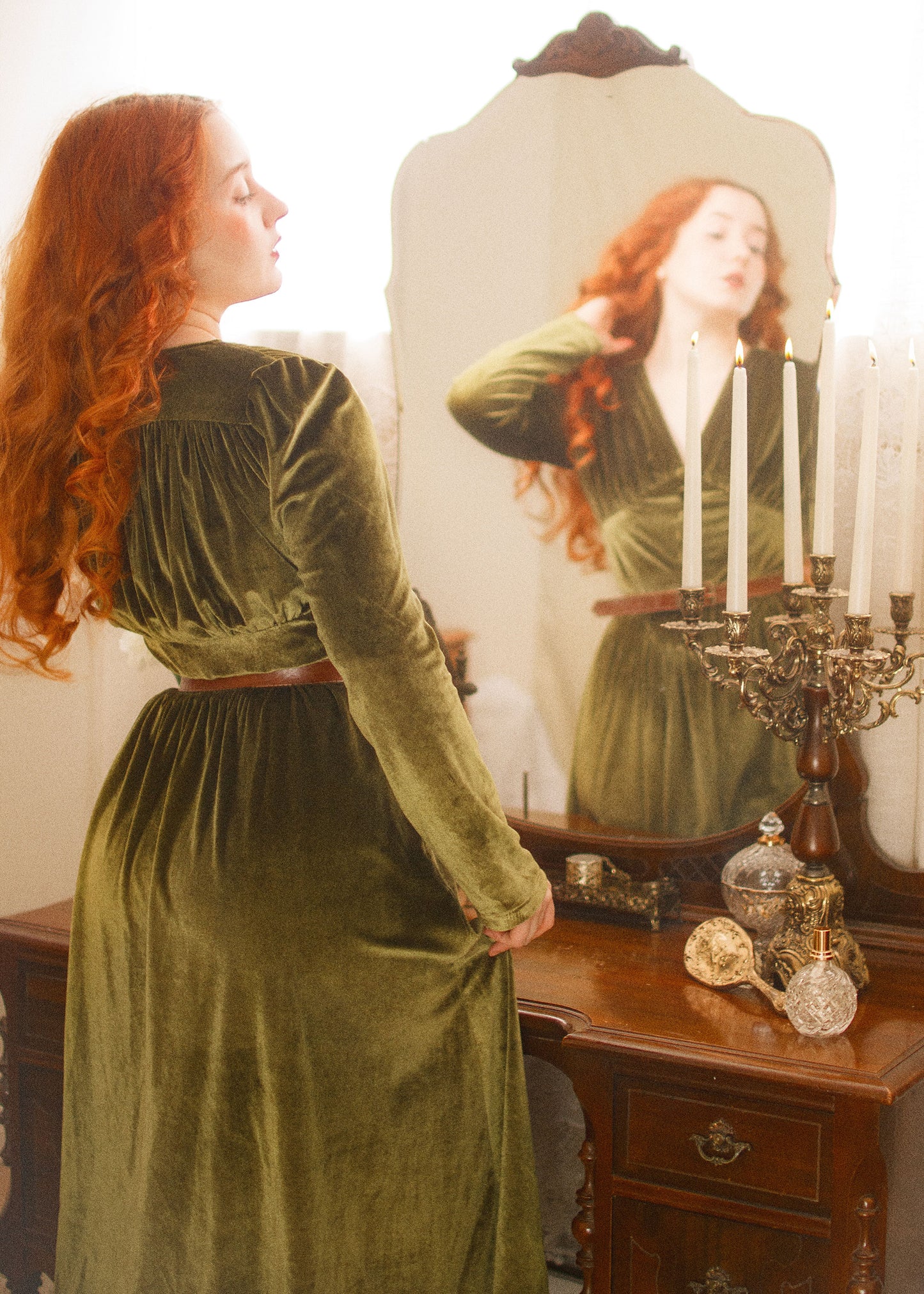 Green Velvet Midi Dress with buttons C3908