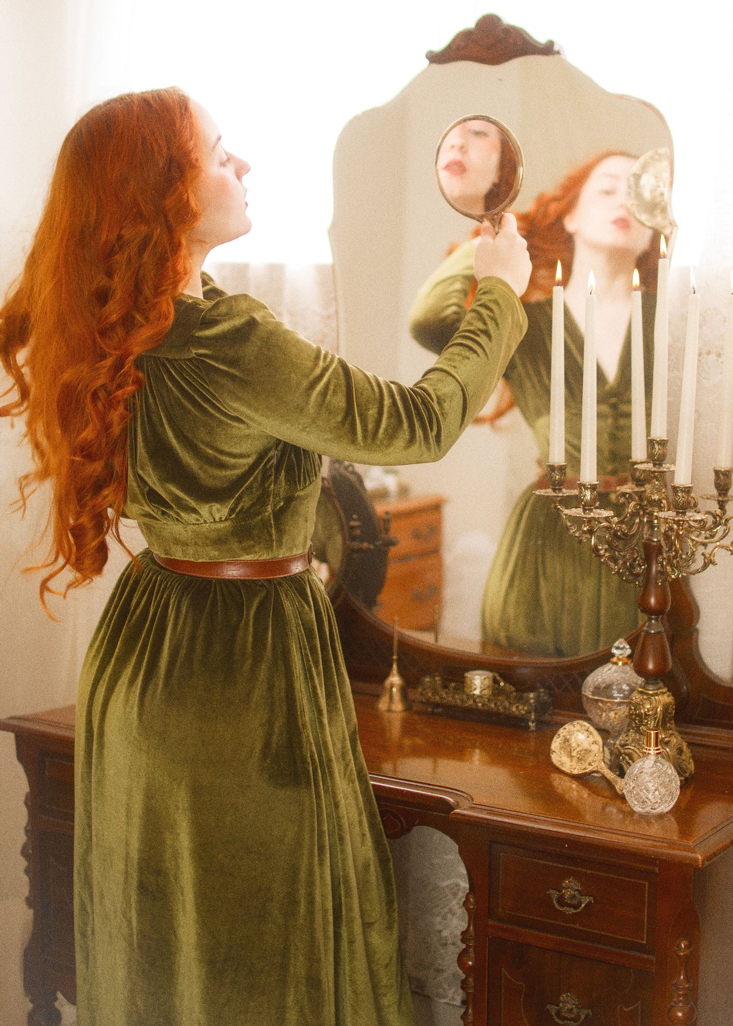 Green Velvet Midi Dress with buttons C3908