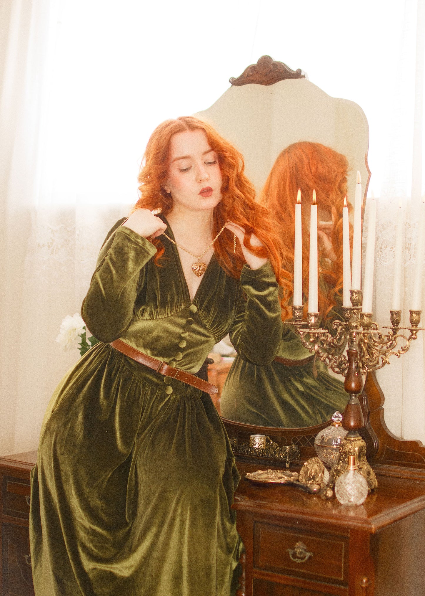 Green Velvet Midi Dress with buttons C3908