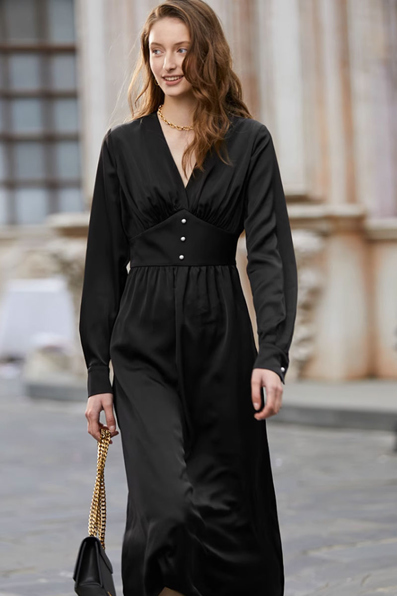 High waist v neck womens dresses with long sleeves C3488