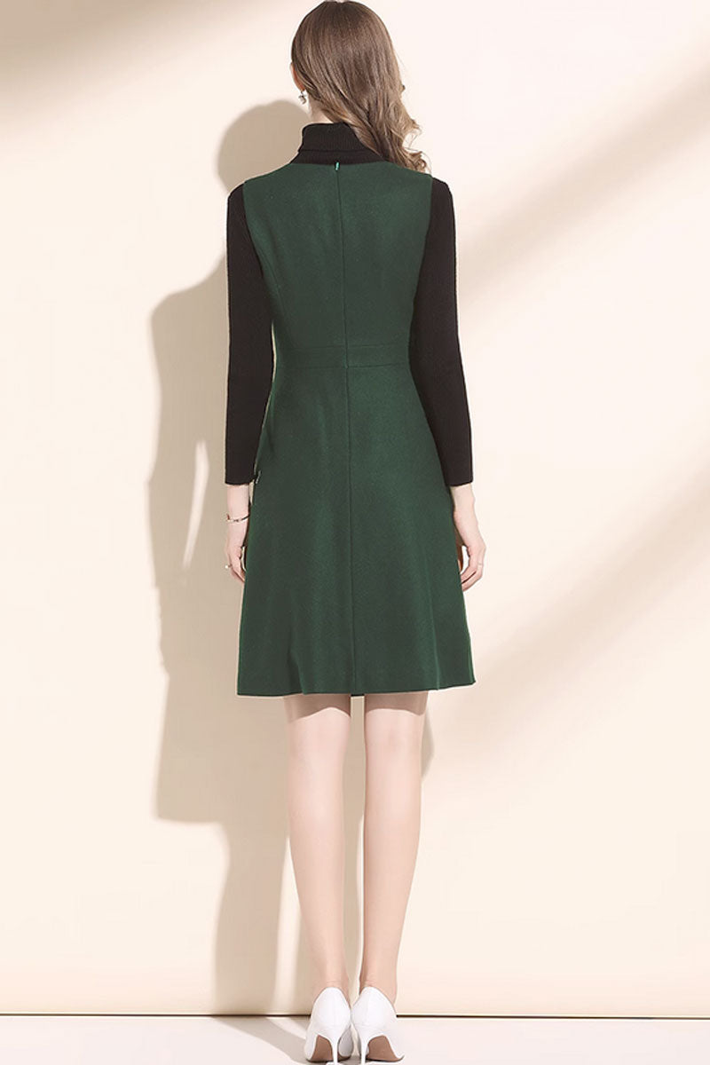 Sleeveless green winter wool dress, v neck wool dress C3441