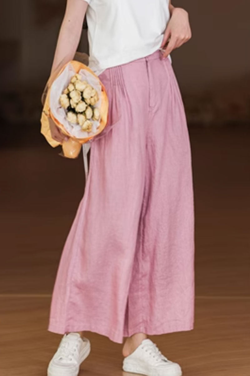 wide leg linen pants with pleating details C3858