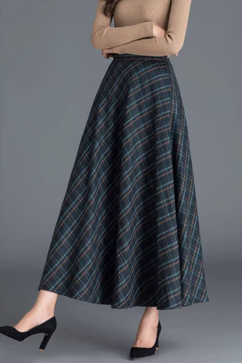 winter plaid long wool skirt with pockets C3763