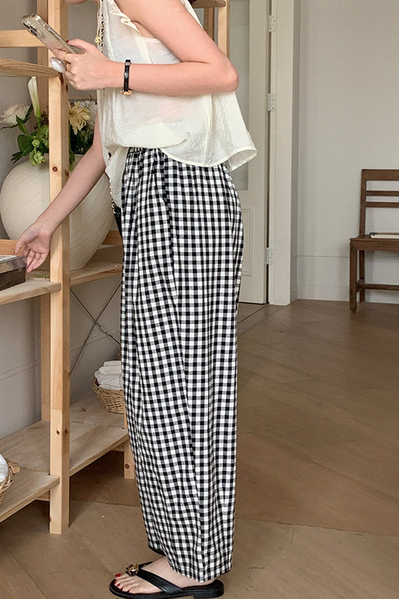 Black and white plaid casual pants C3370