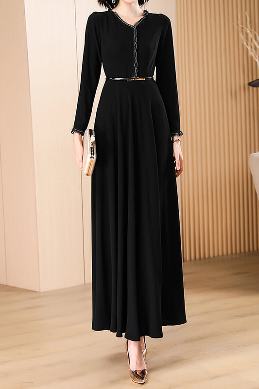 Black Long Sleeve Maxi Dress - V-Neck and Belted Waist C3628