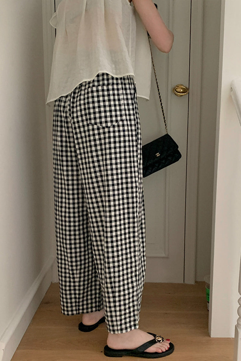 Black and white plaid casual pants C3370