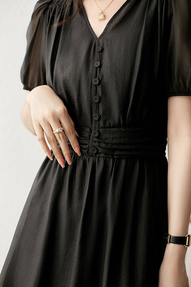 High waisted bubble sleeved V-neck mid length dress C3467