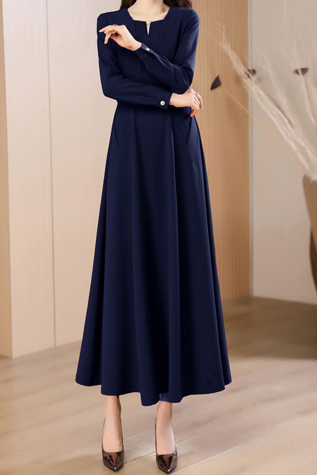 Women's Autumn Navy Blue long dress C3642