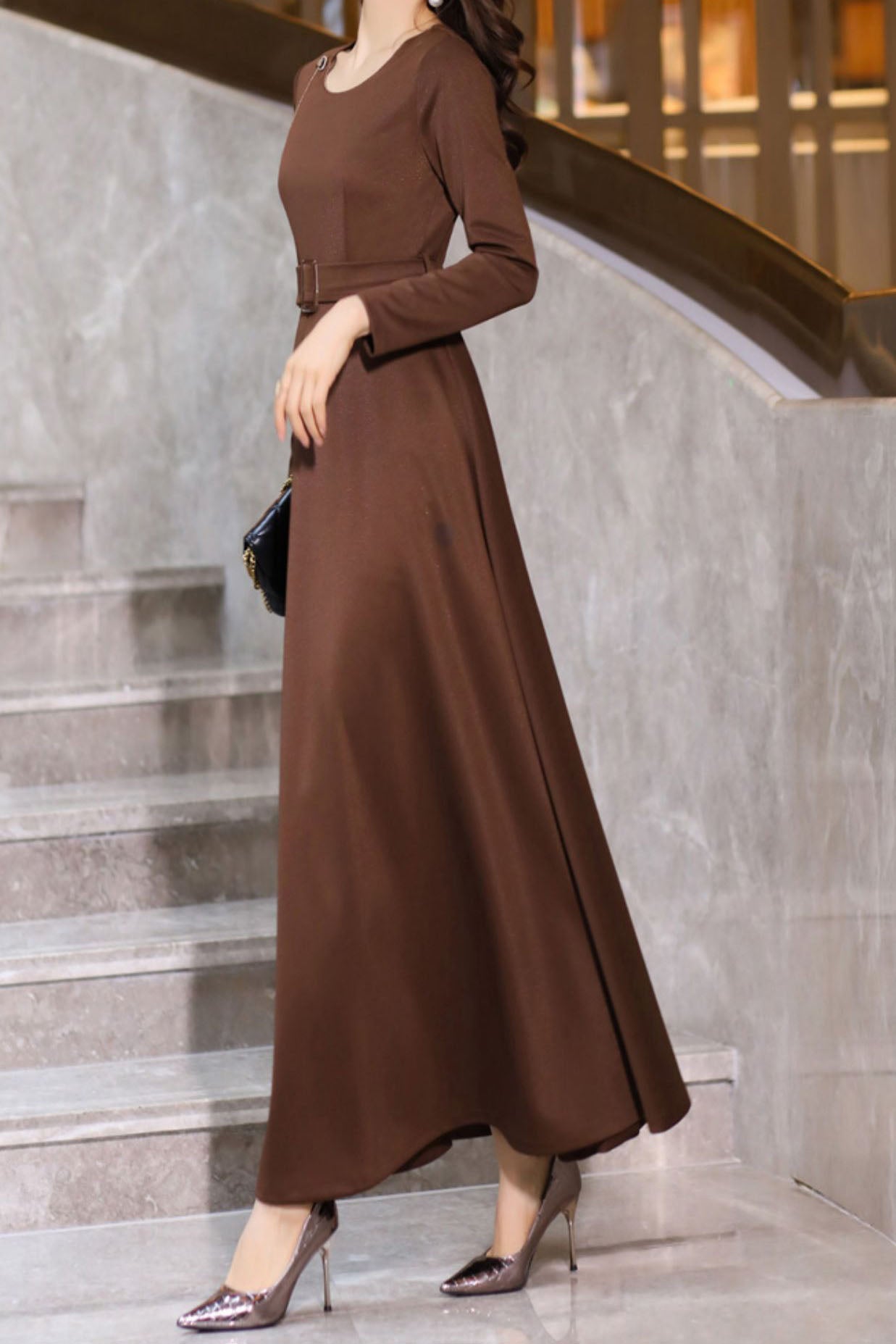 Women's Autumn Coffee Long Dress C3640