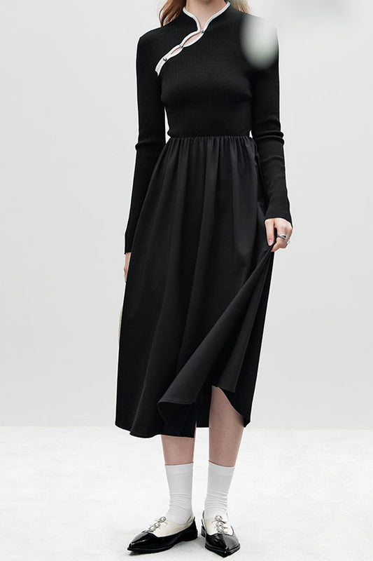 Black Long Sleeve Dress - Chinese Style Standing Collar C3631