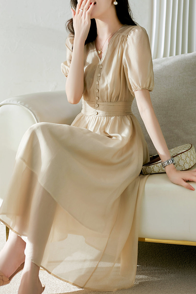 High waisted bubble sleeved V-neck mid length dress C3467