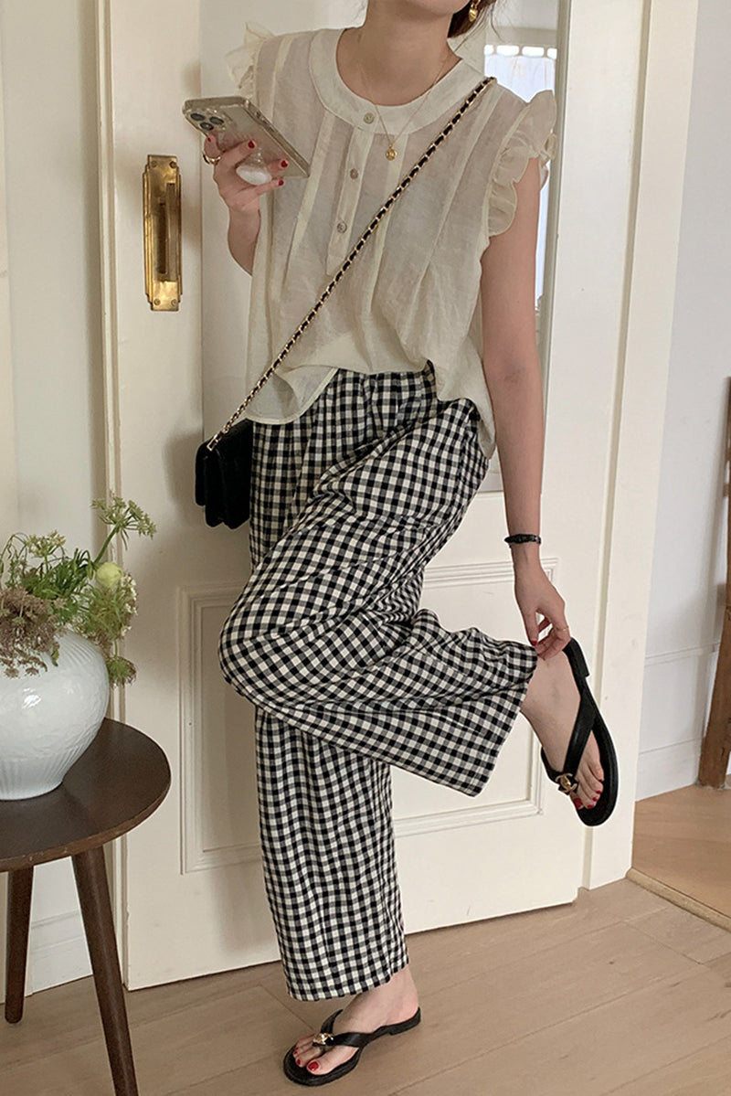 Black and white plaid casual pants C3370