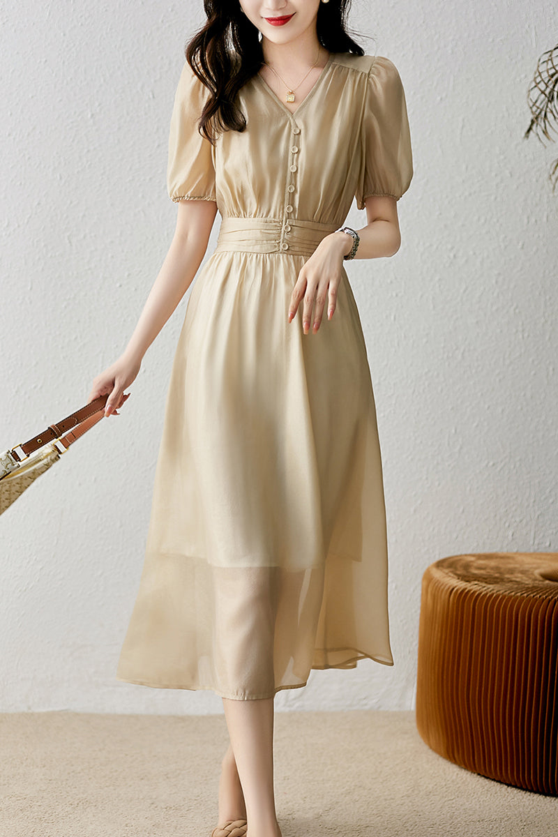 High waisted bubble sleeved V-neck mid length dress C3467