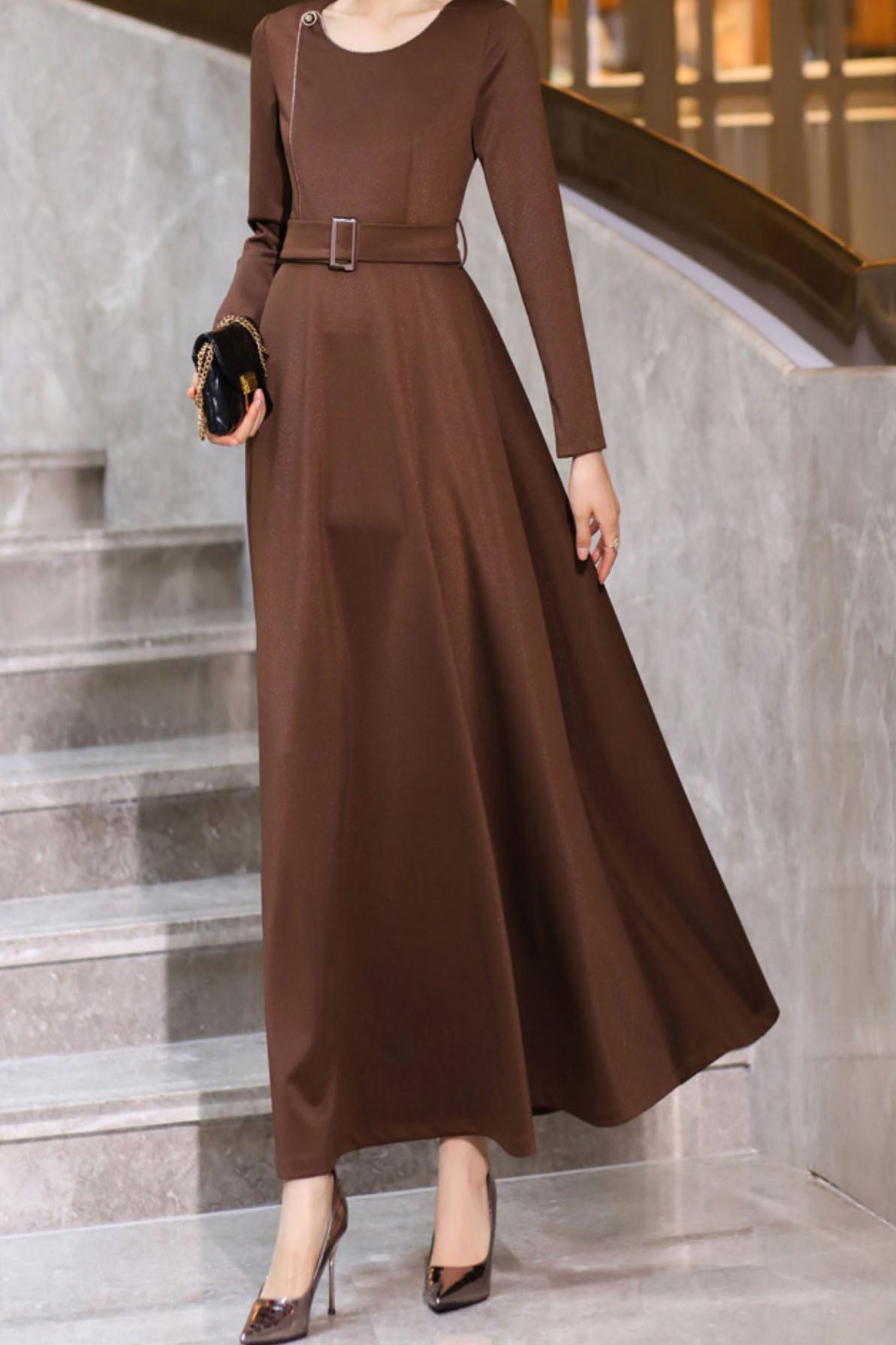 Women's Autumn Coffee Long Dress C3640
