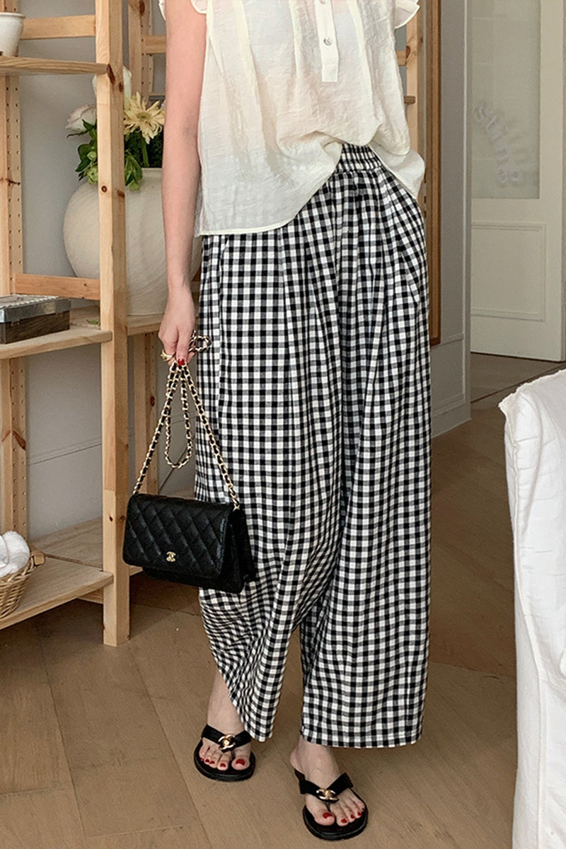 Black and white plaid casual pants C3370