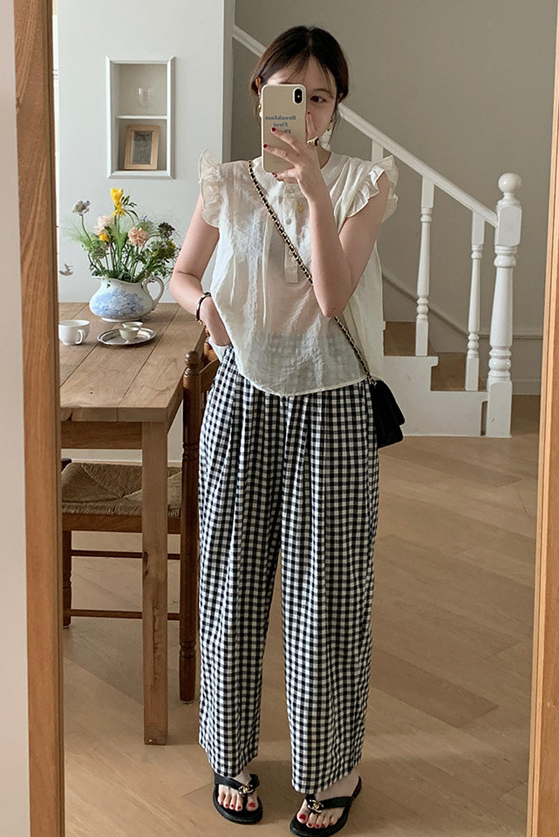 Black and white plaid casual pants C3370
