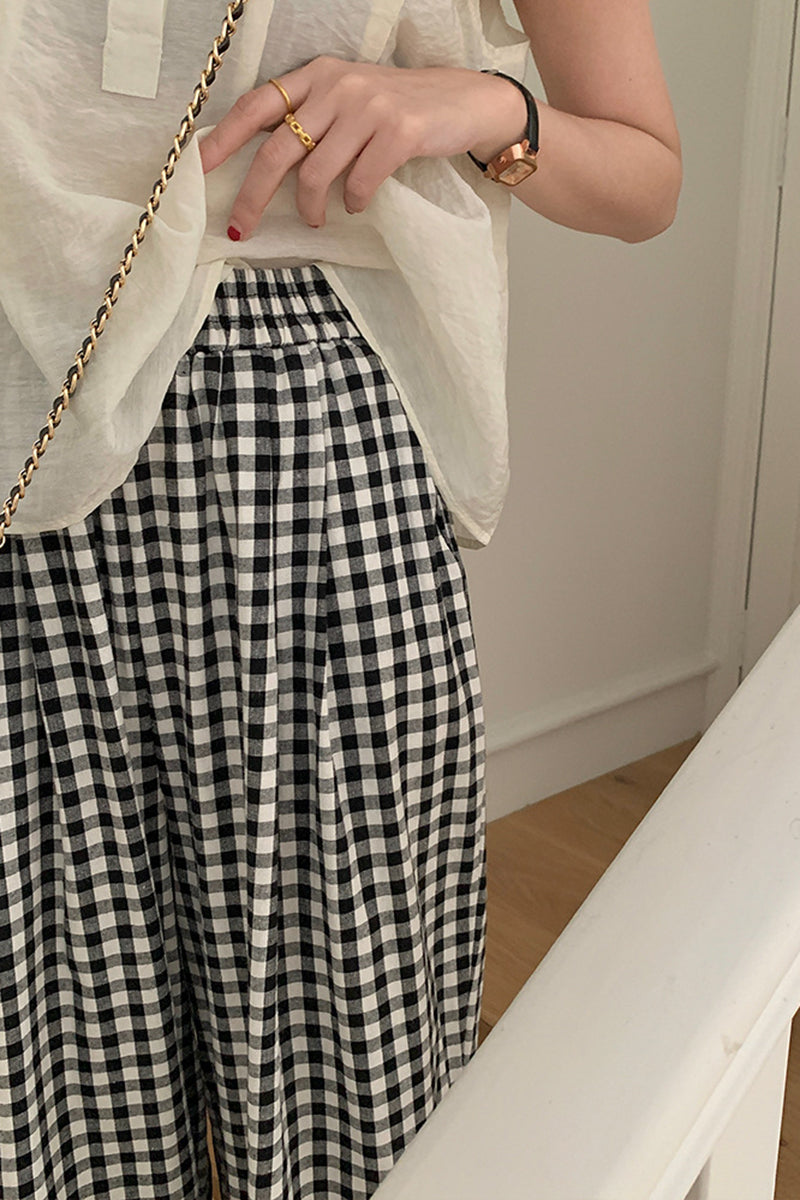 Black and white plaid casual pants C3370