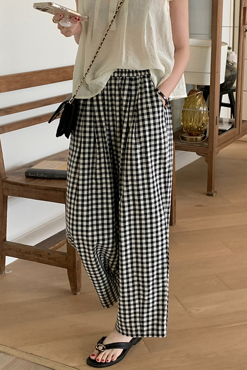 Black and white plaid casual pants C3370