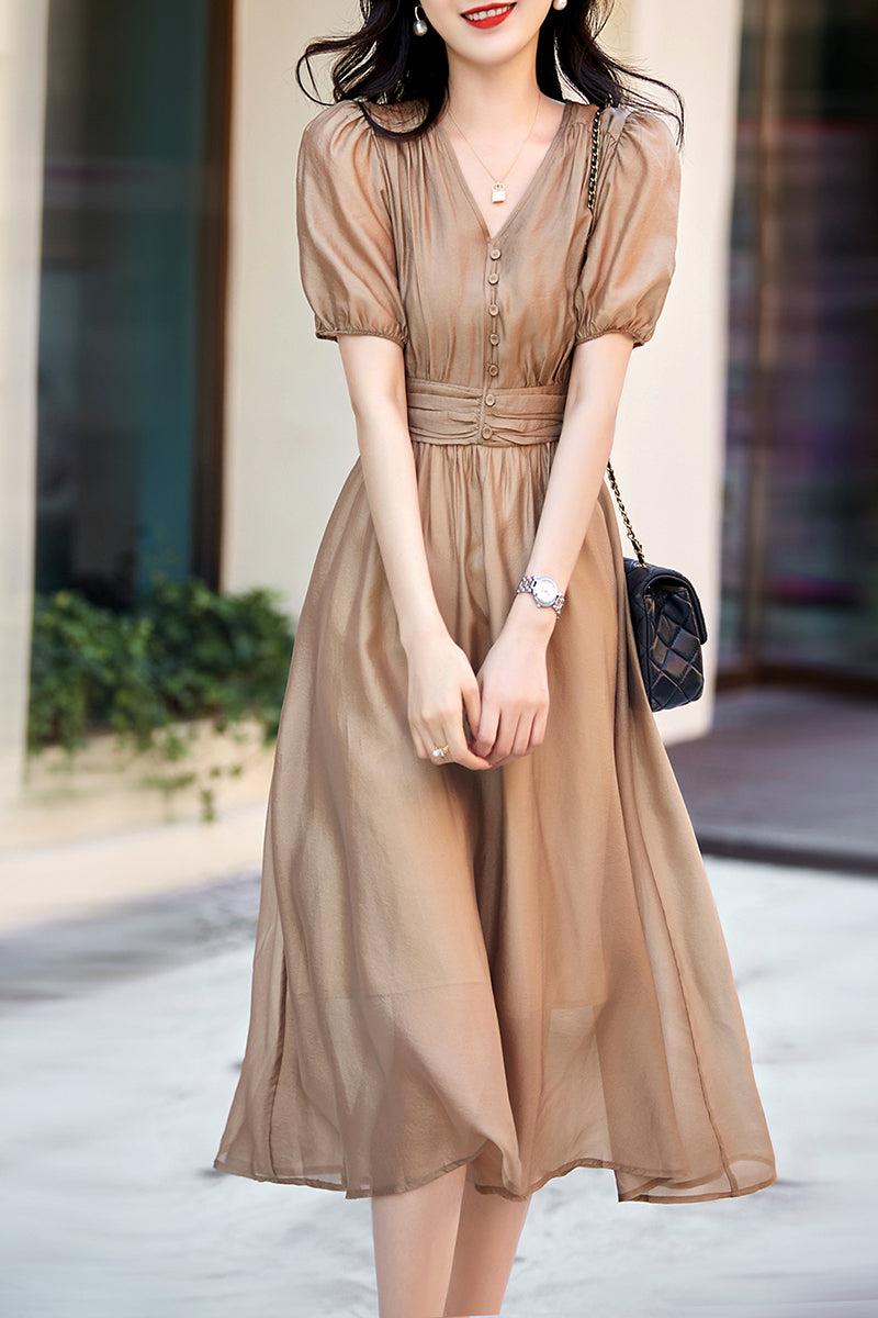 High waisted bubble sleeved V-neck mid length dress C3467